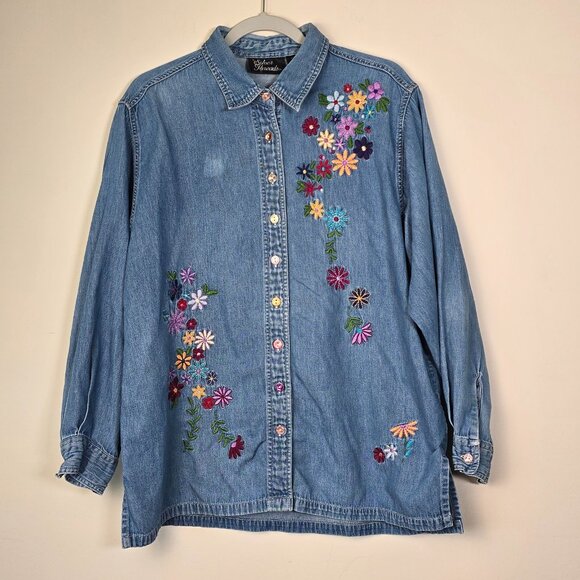 Silver Threads Embroidered Denim Shirt Women Size Large Floral Flowers Jean Art - Picture 1 of 9